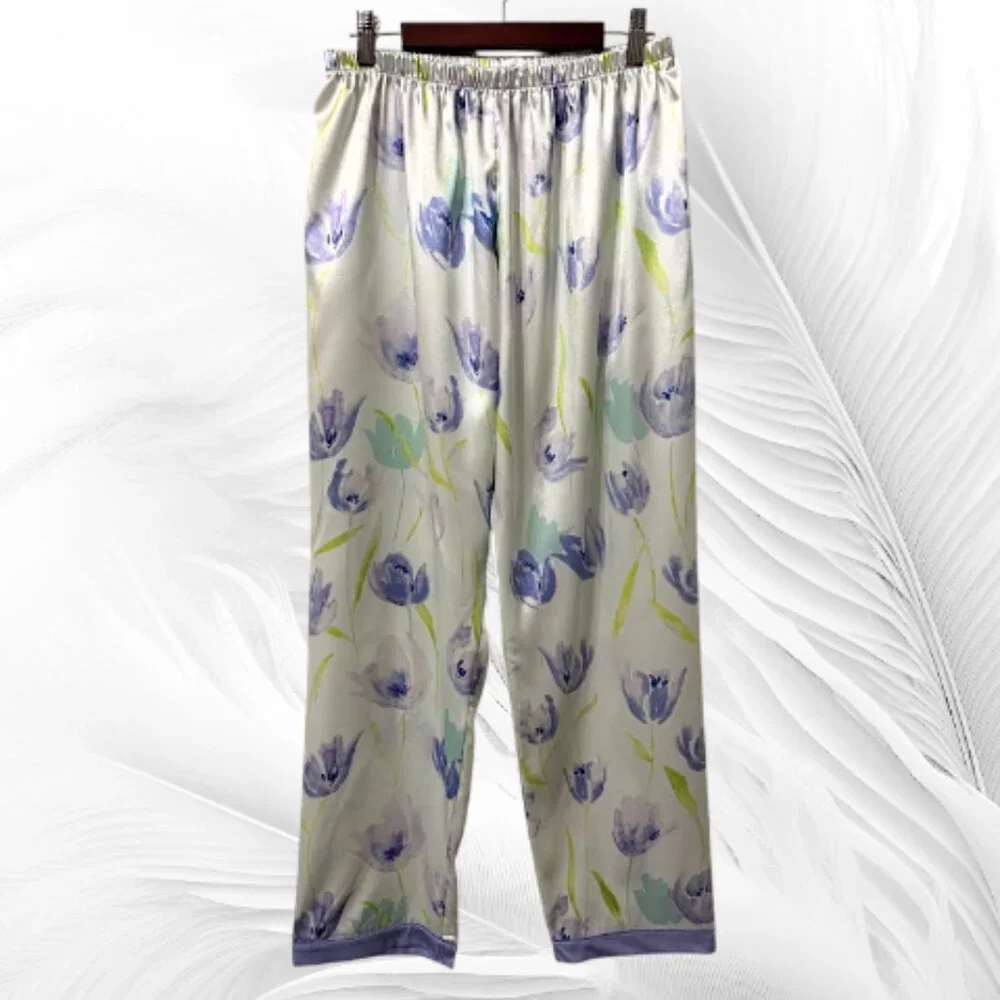Women’s Satin Pajama Set L – Floral Print Button Top & Pants (Light Purple/Blue) - Picture 3 of 9
